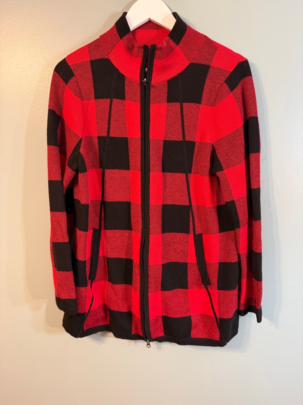 Red and Black Buffalo Plaid Zip-Front Sweater Jacket